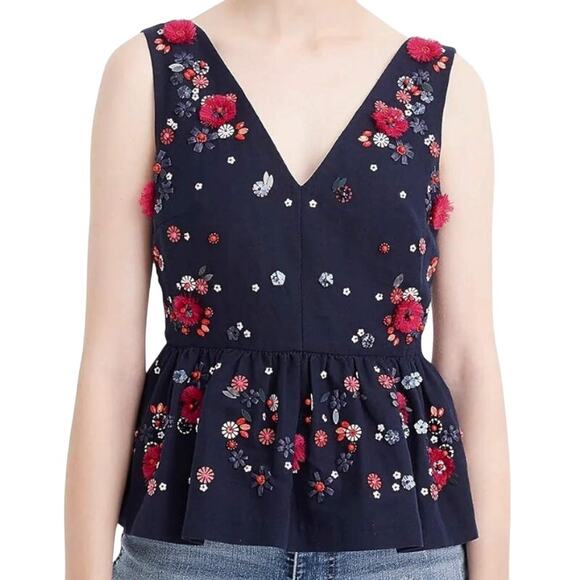 J. Crew Blue Pink Flowers Hand Embellished Linen Blend Peplum Tank Top size 12 - Picture 1 of 13